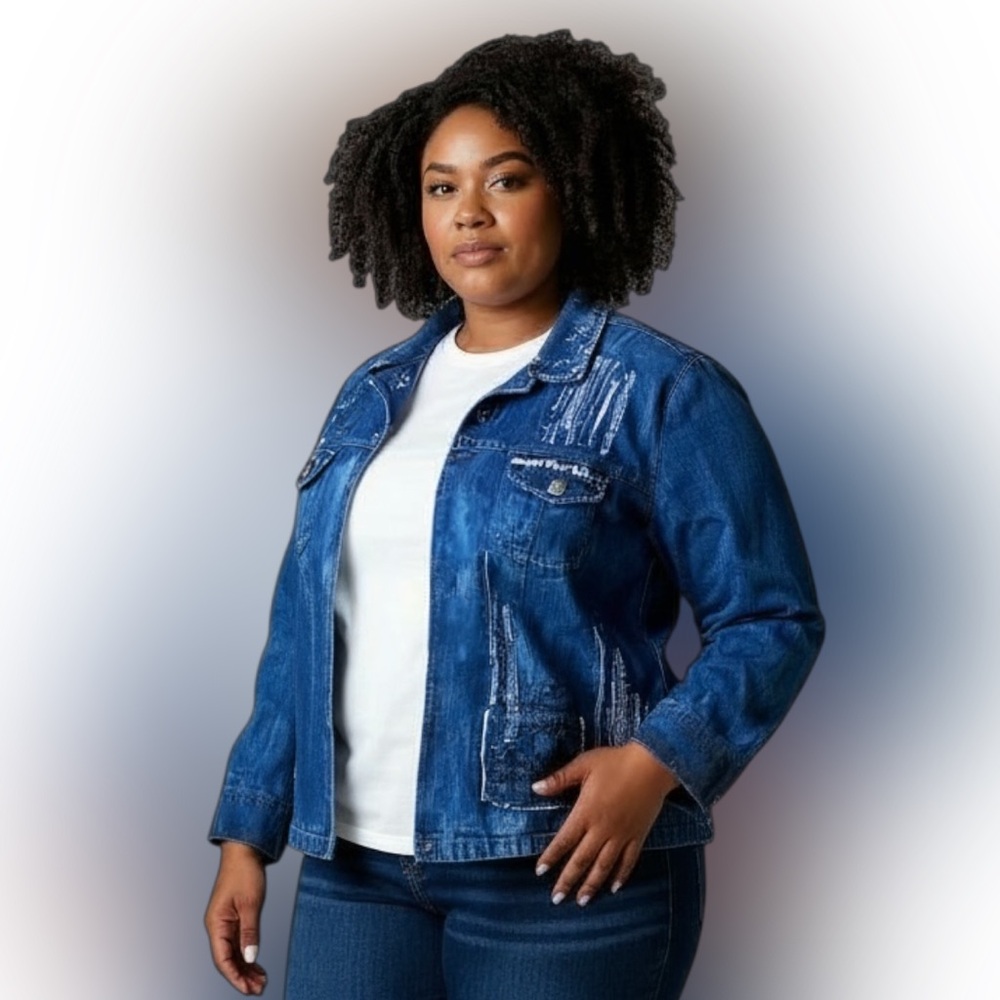 Chicos Embellished Blue Denim Jean Jacket Women’s Size XL